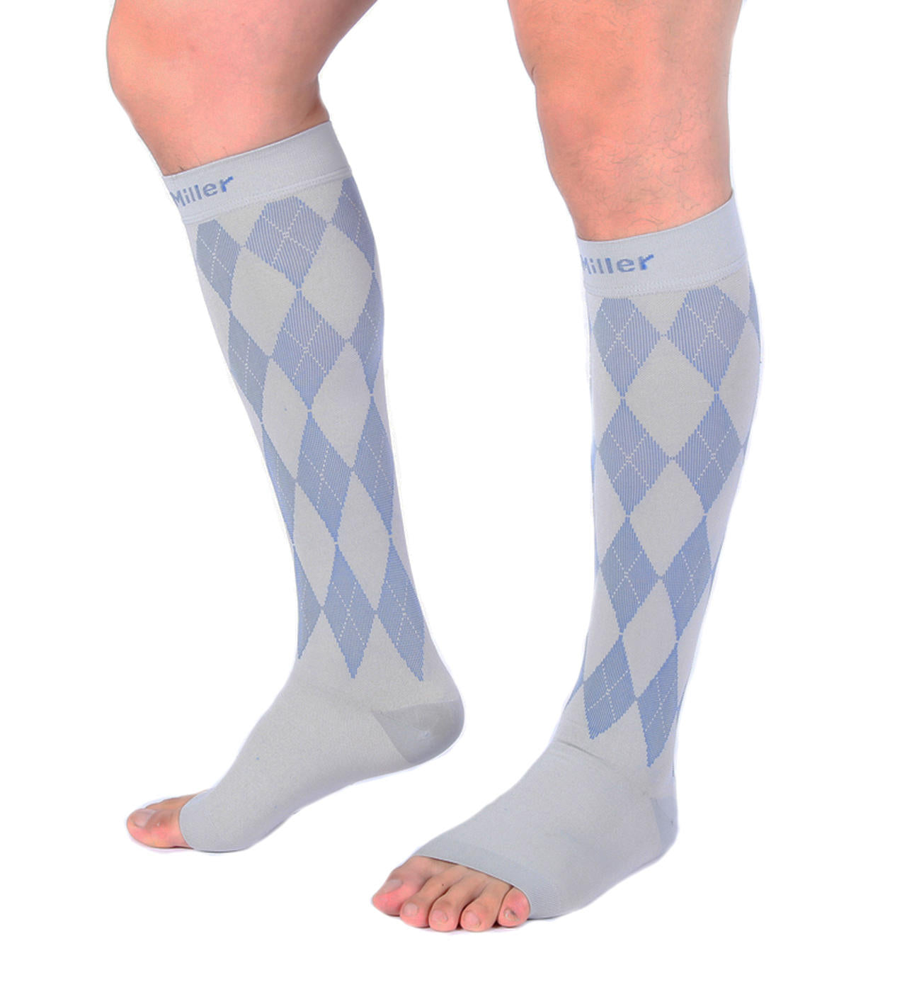 Open Toe Compression Socks 20-30 mmHg Argyle GRAY/BLUE by Doc Miller