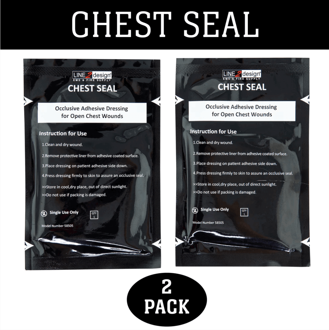 LINE2design Chest Seal, Occlusive Dressing, Open Chest Wound, Trauma First Aid, 2 Pack