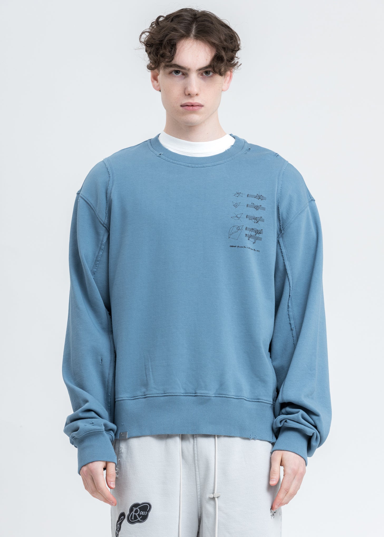 Blue Distressed Panelled Crewneck – 017 Shop