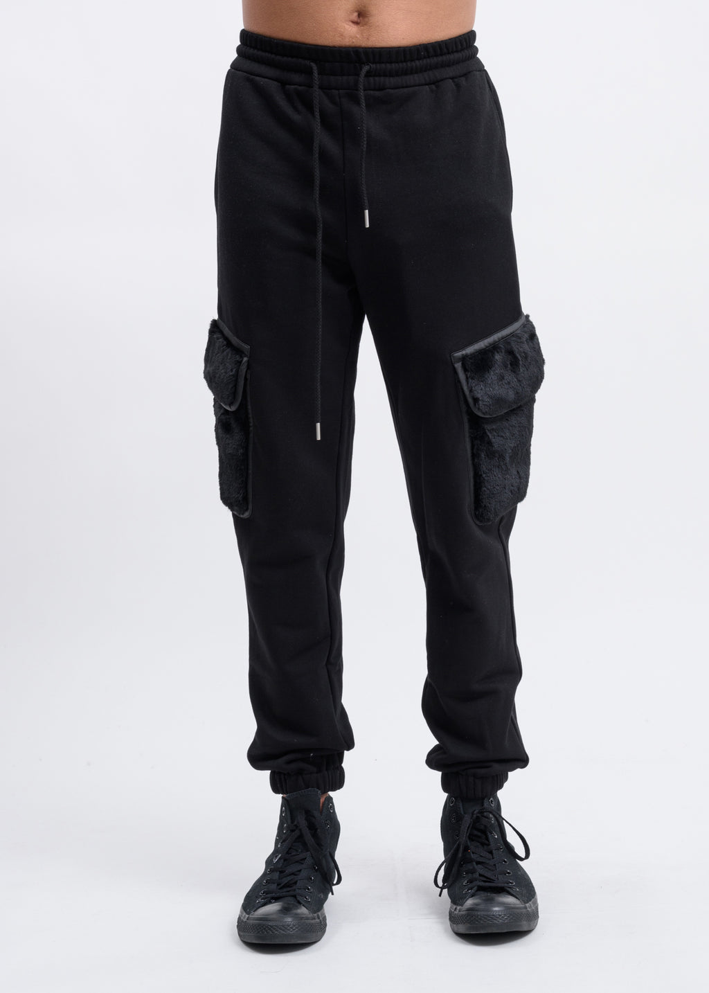 017 Shop | Feng Chen Wang Black Faux-Fur Patch Cargo Pants