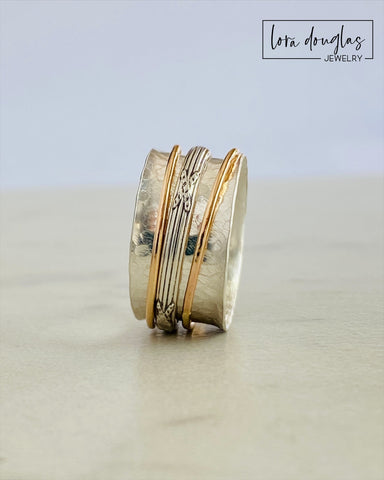 Spinner Ring, Fidget Ring, 925 Sterling Silver and Gold Filled, Size 9