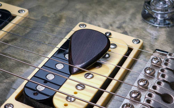 wood guitar picks, handcrafted ebony on guitar strings, PRS guitar, pickups