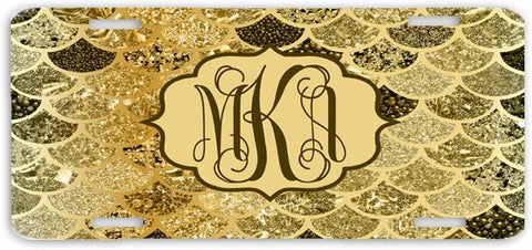 BrownInnovativeMedia Gold Mermaid Scales Glitter Look Print Monogram Personalized Custom Initials License Plate Car Tag