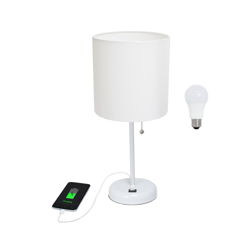 19.5'' White Stick Table Desk Lamp with USB Charging Port and Drum Fabric Shade - Simple Designs