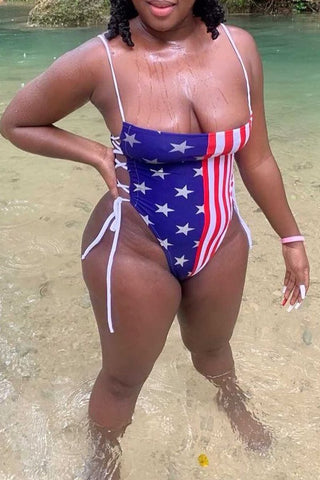 

American Flag Print Halter Neck Strapped Swimwear