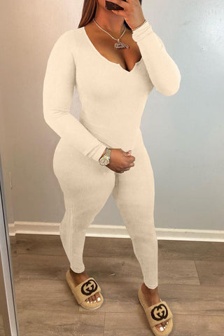 

Solid Color V-Neck Rib Long Sleeve Top & Pants