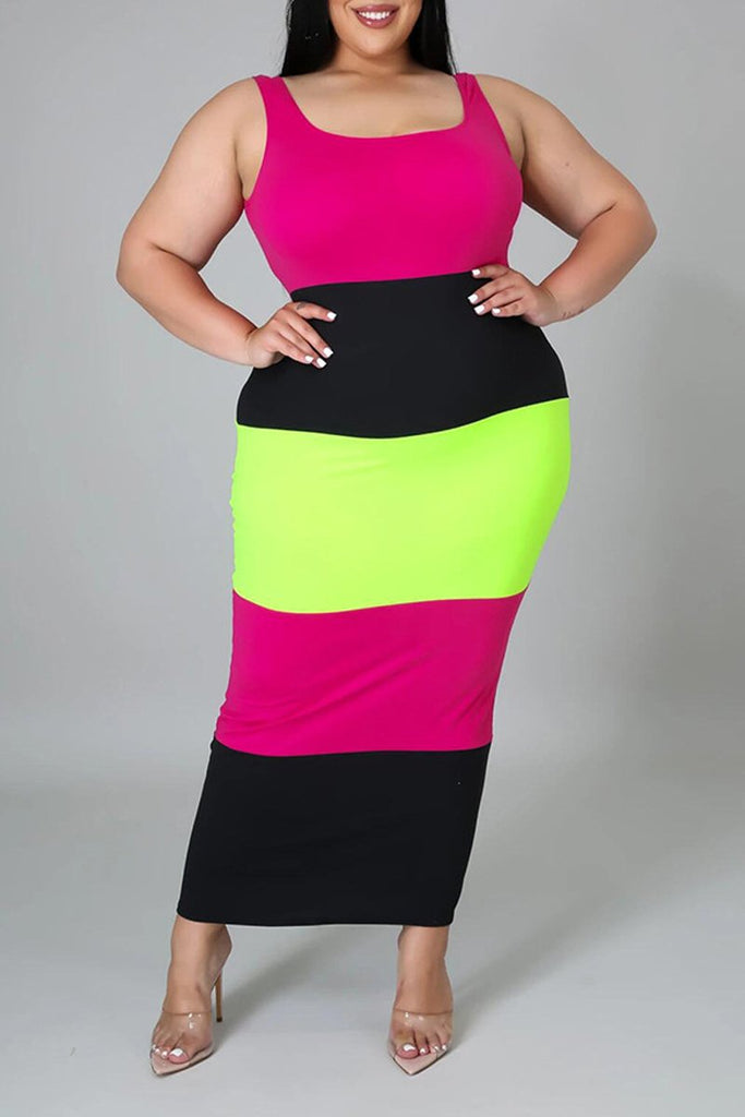 Plus Color Block Square Collar Maxi Dress –
