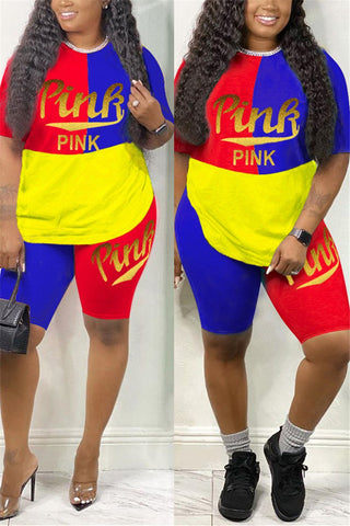 

Letter Print Color Patchwork Casual Two Piece Sets