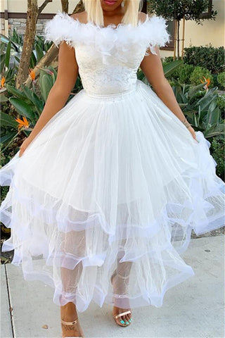

Feather Trim Boat Neck Lace Panel Mesh Bridesmaid Dress