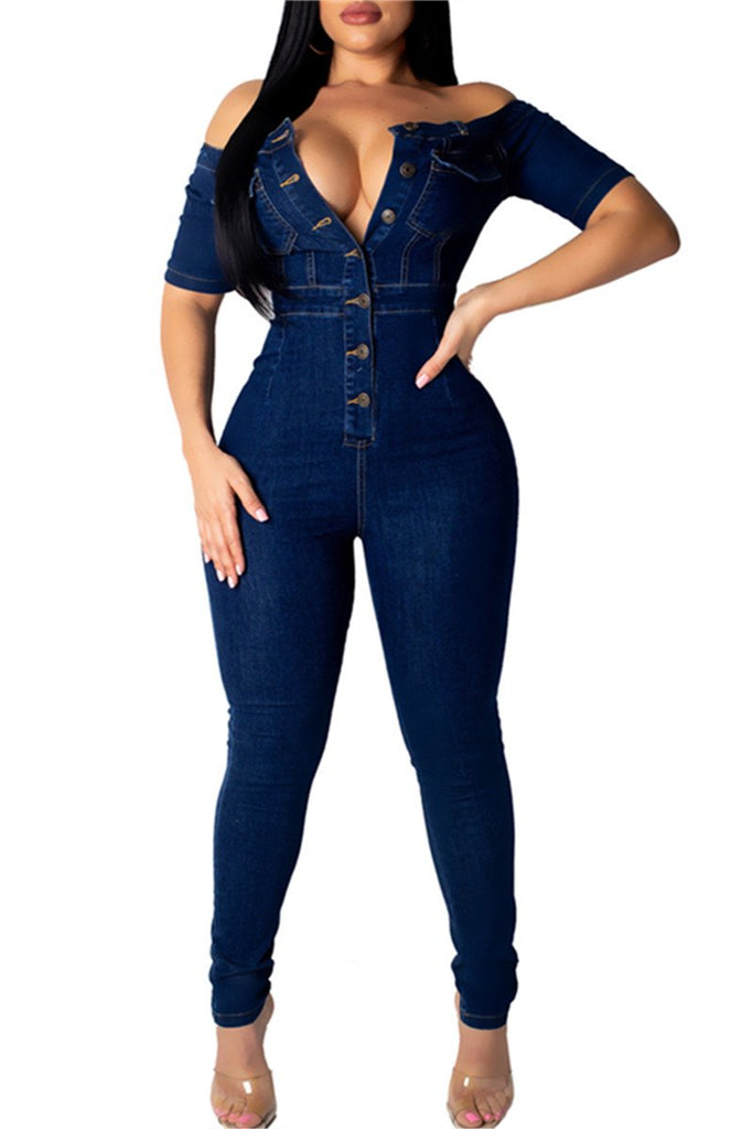 off the shoulder denim jumpsuit