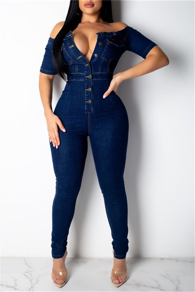 off shoulder denim jumpsuit