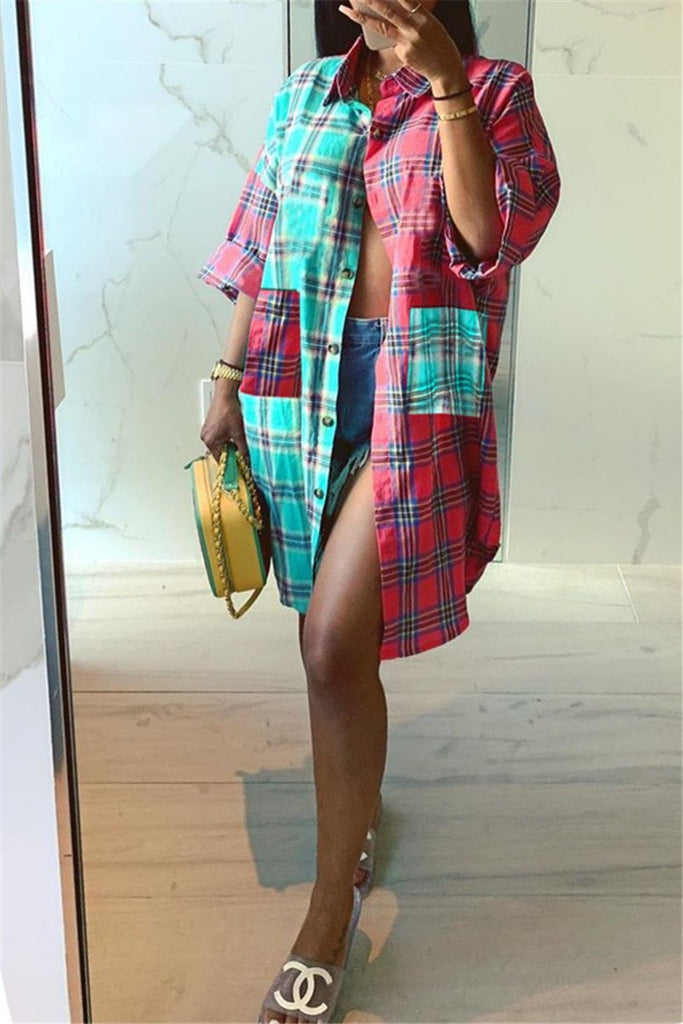 long plaid button up dress