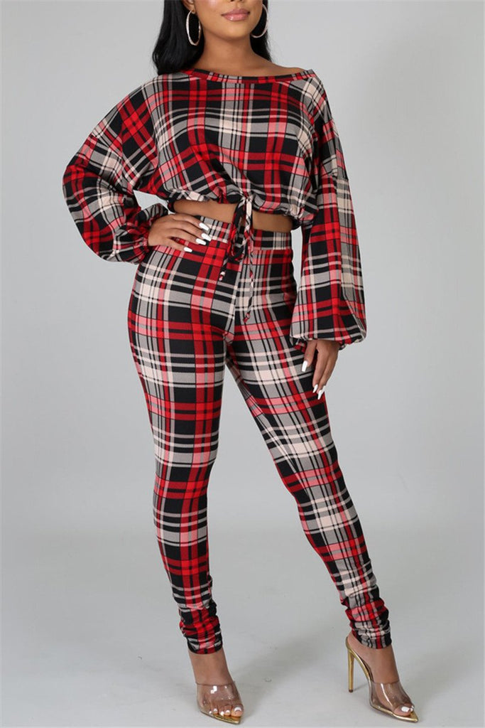 red plaid two piece set