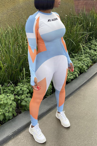 

Letter Print Color Block Zipper Jumpsuit