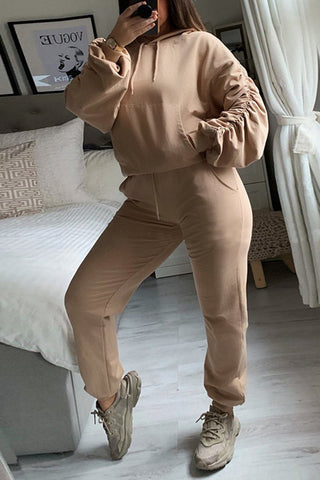 

Wrinkled Sleeve Pocket Solid Color Two Piece Sets