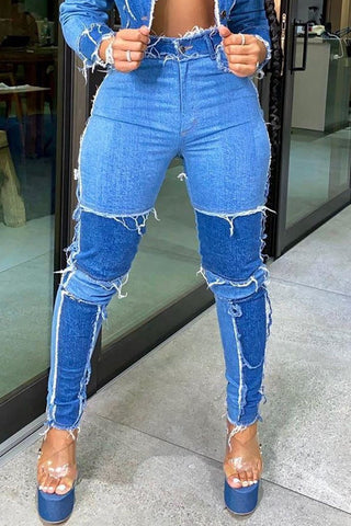 

High Waist Denim Patchwork Distressed Pants