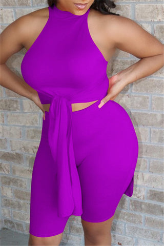 

Sleeveless Solid Color Tie Up Slit Two Piece Sets