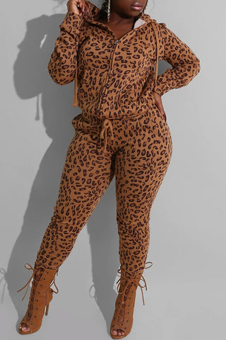 

Hooded Collar Leopard Print Drawstring Top & Pants