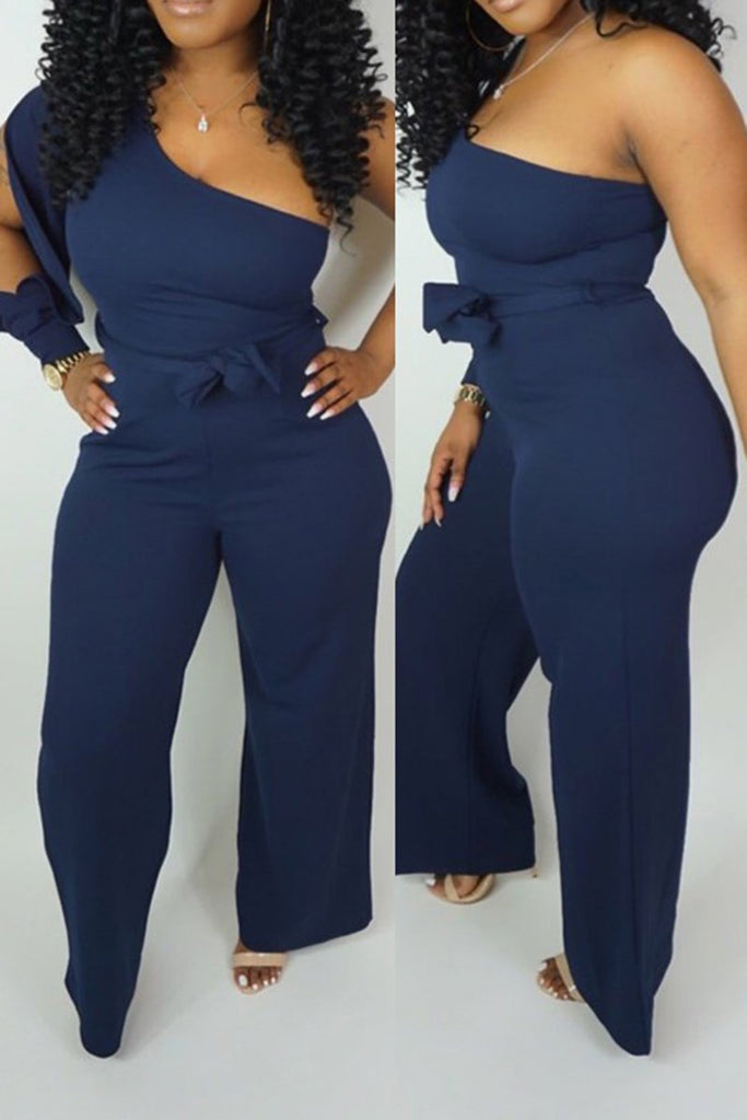 off one shoulder pierced belted wide leg jumpsuit