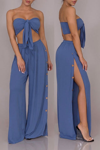 

Solid Knot Front Strapless Open Back Two Piece Sets