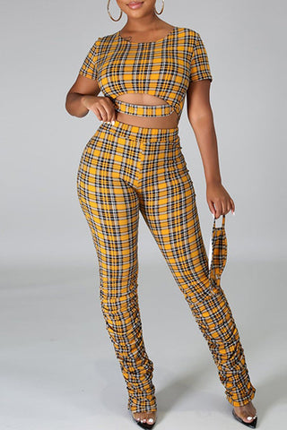 

Plaid Print Cutout Wrinkled Two Piece Sets