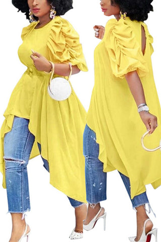 

Asymmetric Hem Puff Sleeve Top Without Belt