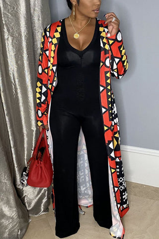 

Geometric Print Belted Long Cardigan