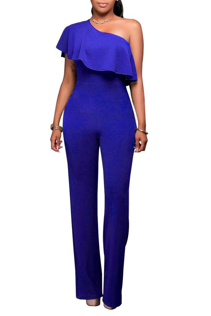 purple one shoulder jumpsuit