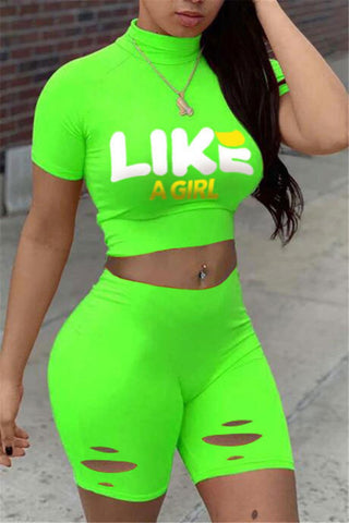 

Slash High Waist Letter Print Top & Shorts