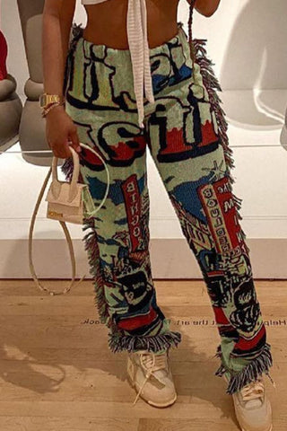 

Digital Print Side Tassels High Waist Pants