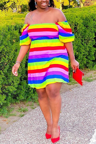 

Plus Size Rainbow Striped Off The Shoulder Dress