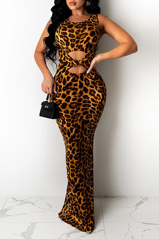 

Leopard Print Hollow Out Sleeveless Maxi Dress