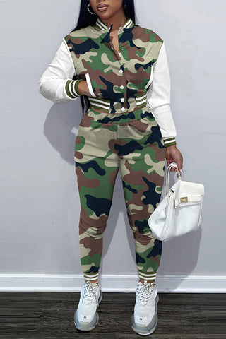 

Camouflage Patchwork Button Two Piece Outfits