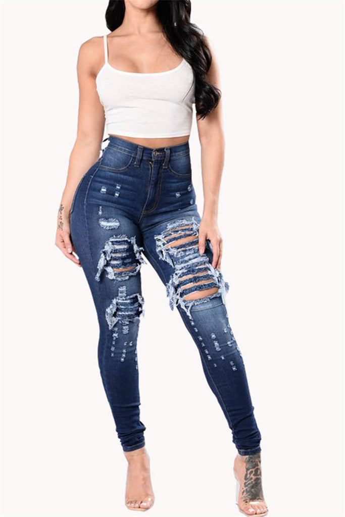 dark blue high waisted ripped jeans