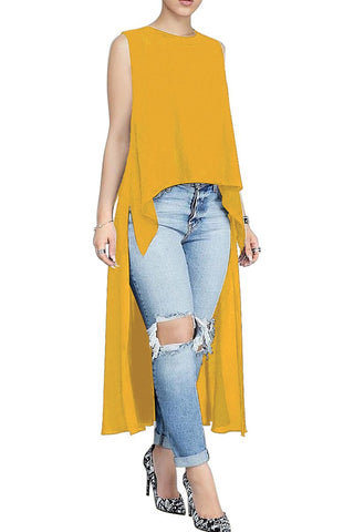 

Solid Round Neck Sleeveless Asymmetric Hem Top