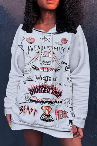 

Hooded Collar Graffiti Print Long Sleeve Hoodie