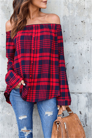 

Red Lattice Off the Shoulder Loose Shirt