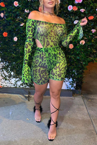 

Net Yarn Leopard Off The Shoulder Romper & Shorts