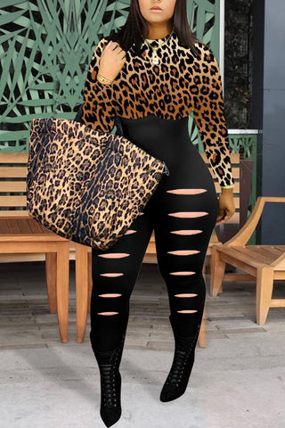 

Leopard Print Slash Long Sleeve Bodycon Jumpsuit