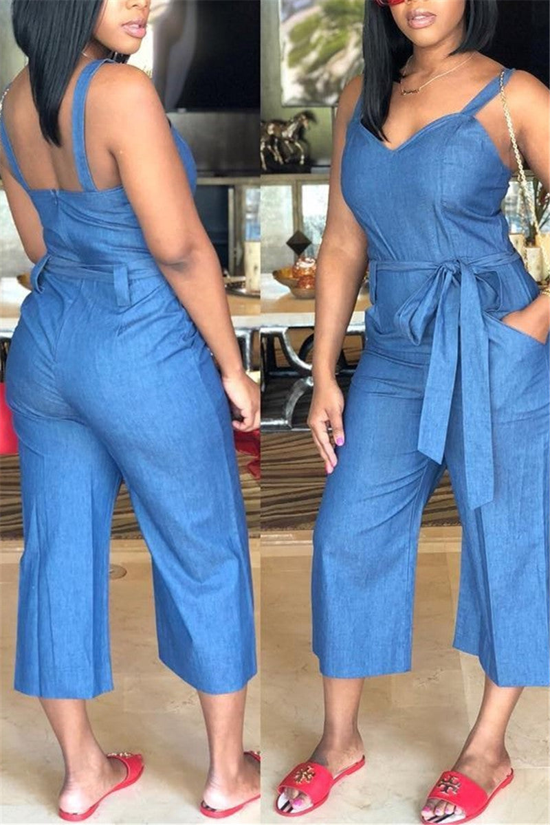 Open Back Wide Leg Belted Denim Jumpsuit – WHATWEARS