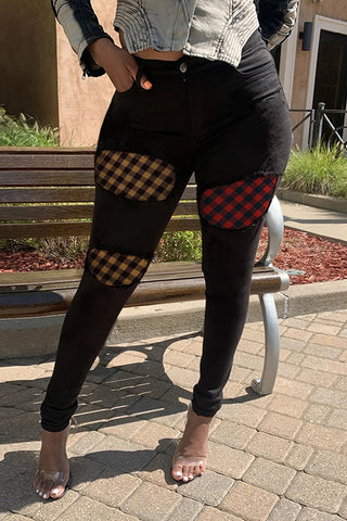 

Plus Size Denim Patchwork Lattice Pencil Pants