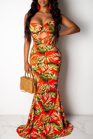 

Leaf Printed Strapless Open Back Maxi Dress