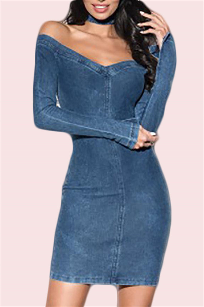 off the shoulder denim dress