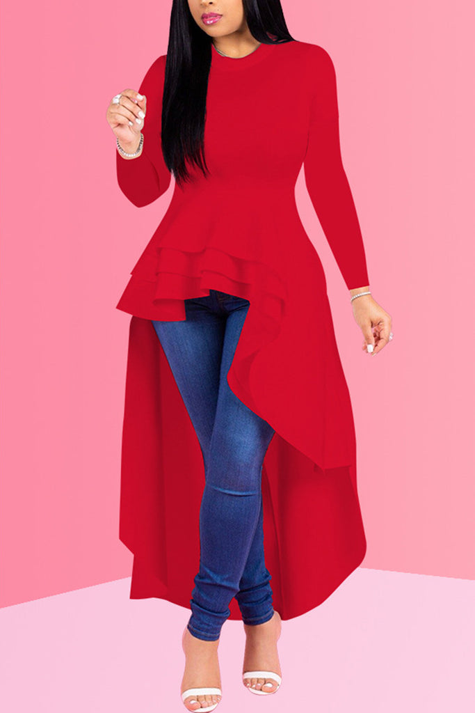 red long sleeve ruffle dress