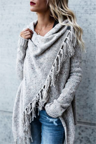 

Gray Fringed Asymmetric Sweater