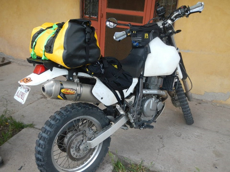 Uprising Soft Rack with Mondo Straps and Wolfman Bag on Suzuki DR650