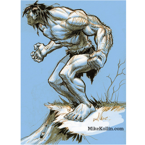 Primal Caveman with Blue Background on the Icy Tundra
