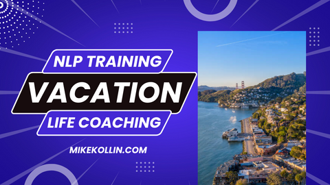 NLP Training, Vacation, Life Coaching in purple blue image with image of Sausalito California to the right