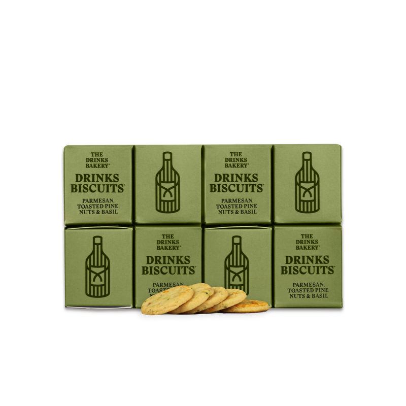 THE DRINKS BAKERY BISCUITS - Parmesan Toasted Pine Nuts & Basil Biscuits - 3x8 SRP 20g packs - Snack Revolution