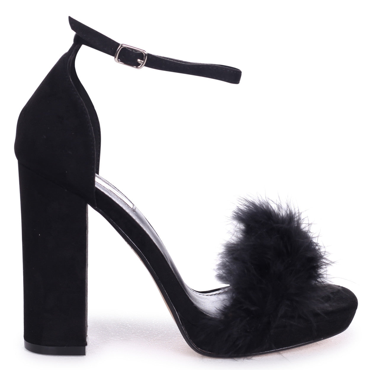 black fluffy heels